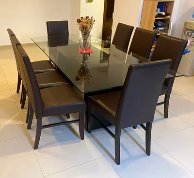 Large Tempered Glass Dining Table with Dark Wood Base - Spacious 6-8 Seater /with and without chairs
