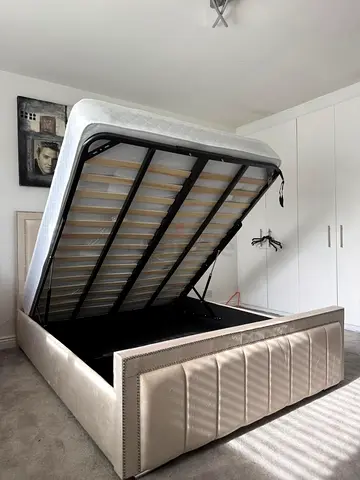 Brand New Double Size Bed Frame With Hydraulic Storage. Panel Line Bed With Mattress