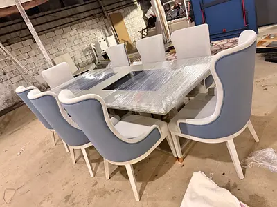 White and Grey Modern Dining Table with 6 Curved Chairs - Excellent Condition