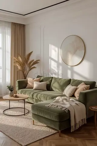 Olive Green L-Shape Velvet Sofa with Ottoman