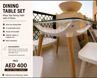 Glass Top Dining Table Set with 4 Chairs - Well Maintained