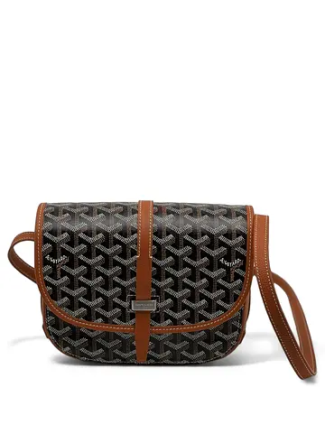 Goyard Belvedere II PM messenger bag made from black coated canvas with tan leather trim.