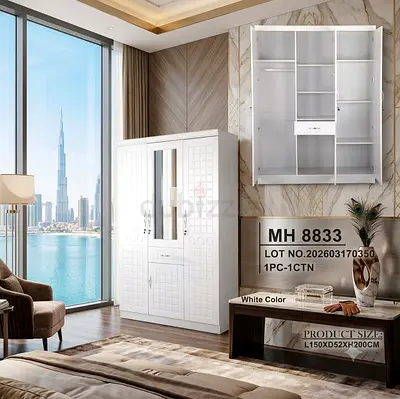 New White 3-Door Wardrobe with Mirror For Sale