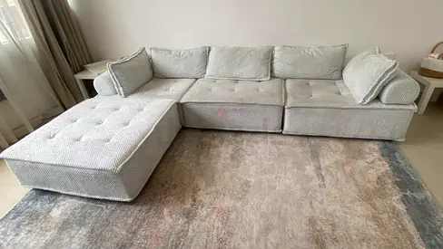 Light grey/ mint green L-shaped modular sofa with chaise - good condition