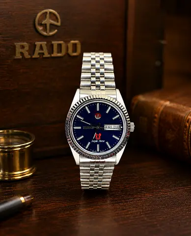 Rado automatic mens watch with blue dial and stainless steel bracelet
