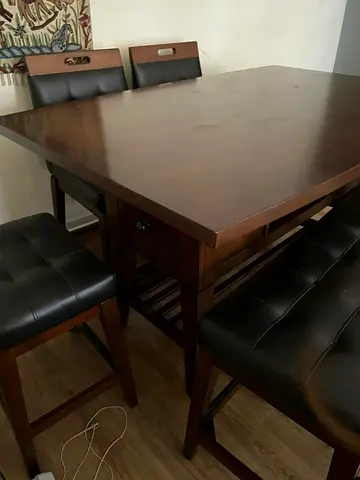 6 seater leather and Wooden dining table with storage, bench. Stools and rotating bar chairs