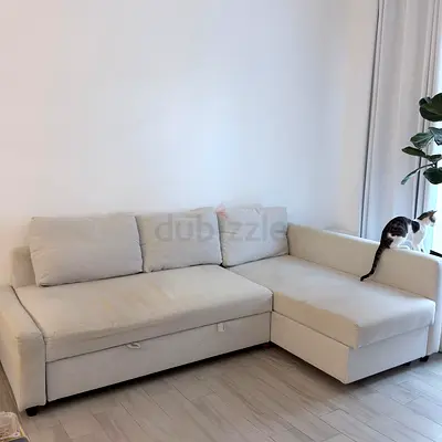 Beige L-shaped Sofa with Chaise - Good Condition
