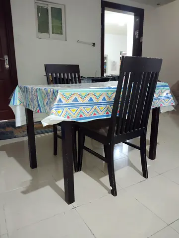 Wooden 4-Seater Dining Table with 2 Chairs - Dark Brown, Good Condition