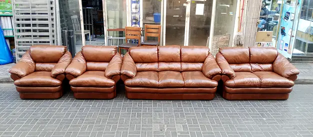 Brown Leather 4-Piece Sofa Set – 3-Seater + 2-Seater + 2 Armchairs