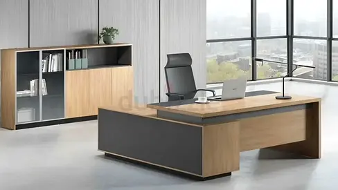 Modern executive L-shaped office desk with storage cabinet - light wood and grey