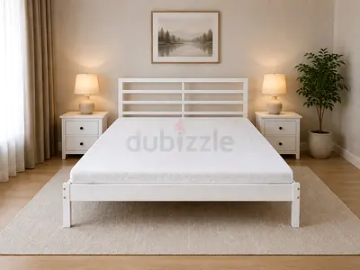Modern White Wooden Bed Frame with Slat Headboard
