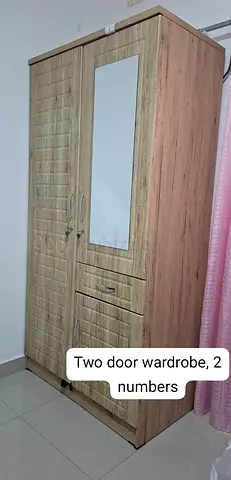 Two-door wooden wardrobe with mirror and drawers - good condition