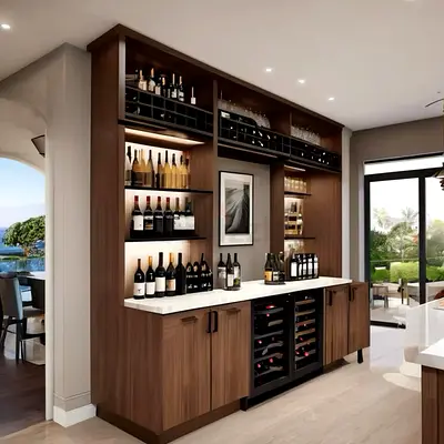 Custom wooden home bar with wine storage and countertop