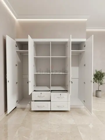 New White 4-Door Wardrobe with Drawers and Shelves For Sale