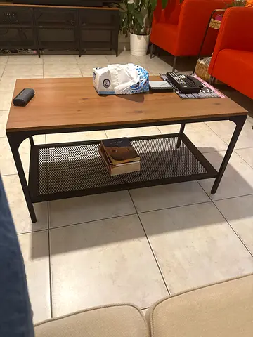 Wood and Black Metal Coffee Table with Lower Mesh Shelf