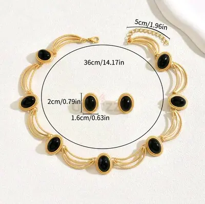 Gold-tone Black Stone Necklace and Stud Earrings Set (36cm) - Vintage Style
