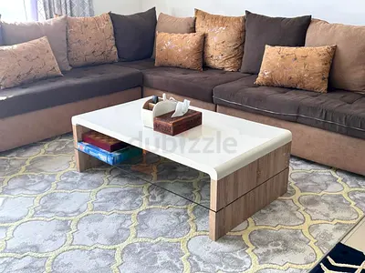 Modern, Wooden Low Coffee Table with Glass Shelf and White Gloss Top
