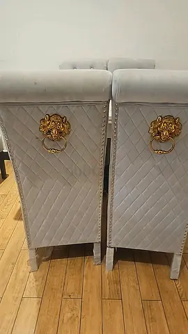 6 Grey Velvet Dining Chairs with Gold Lion Head Detail