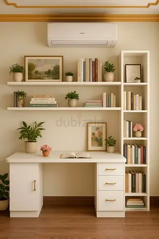 White study desk with tall shelving unit and wall shelves - good condition