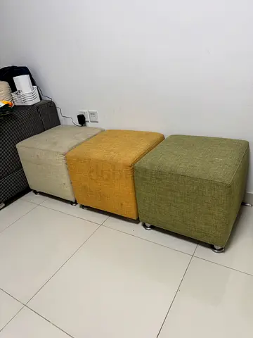 Set of 3 Fabric Cube Ottomans — Green, Yellow, Beige