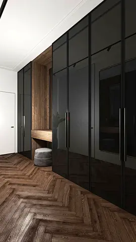 Modern black gloss built-in wardrobe with vanity alcove