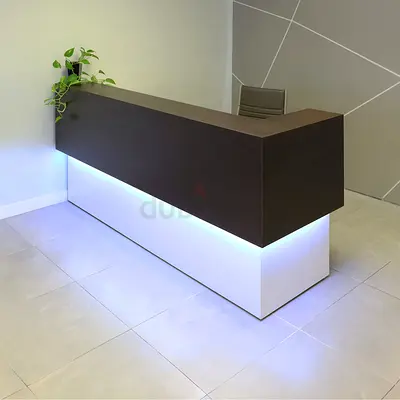 Modern L-shaped Reception Desk with LED Base - Dark Wood Finish