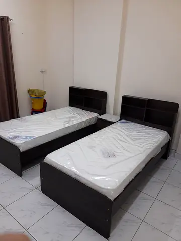 Pair of Single Beds with Headboards and Mattresses - Dark Wood