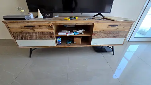 Modern Wooden Entertainment Center with Multi-Tone Storage Cabinets