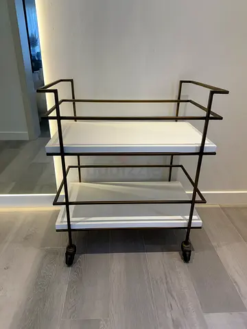 Metal bar cart / trolley with white shelves on wheels - great condition