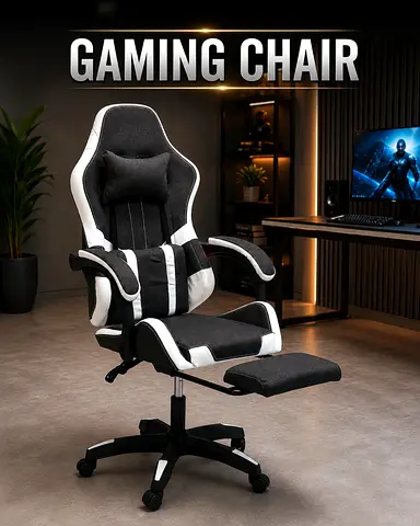 Grey White Gaming Chair with Footrest – Height Adjustable Ergonomic Gaming Chair