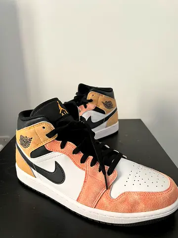 Air Jordan 1 Mid Peach and Gold High Top Sneakers