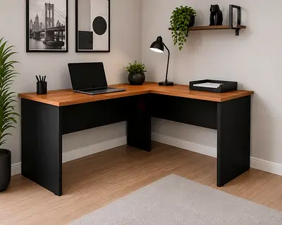L-shaped Corner Desk — Wooden Top, Black Frame (Good Condition)