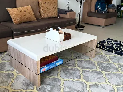 Modern, Wooden Low Coffee Table with Glass Shelf and White Gloss Top