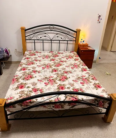 Metal Frame Bed with Wooden Pillars