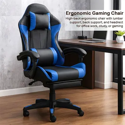 Blue Black Ergonomic Gaming Chair – PU Leather Reclining Gaming Chair