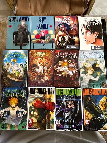 Manga Collection — The Promised Neverland, One Punch Man, Spy x Family, Attack on Titan.