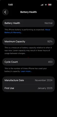 iPhone with 92% Battery Health (Cycle Count 453) - Ready to Use just camera changed