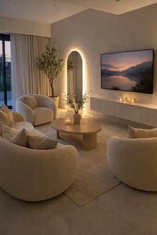 Minimal Beige Curved Sofa Set with Coffee Table and Rug - Complete Living Room Set