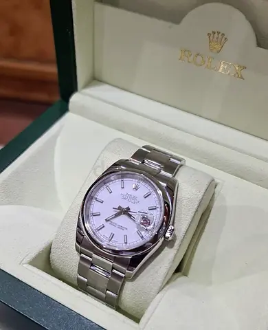 ROLEX S/S DATEJUST 36MM INDEX WHITE DIAL DOME BEZEL RED DATE (BOX ONLY)