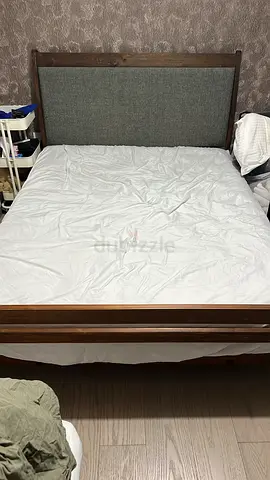 Wooden Double Bed with Upholstered Headboard - Good Condition