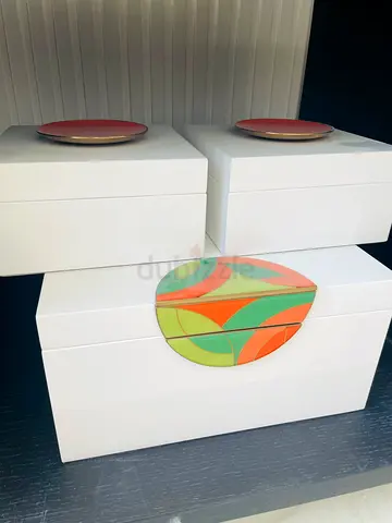 Set of 3 White Decorative Storage Boxes with Colorful Inlay