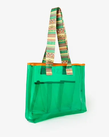 Green Transparent PVC Tote Bag with Patterned Shoulder Straps