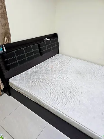 Queen Bed Frame with Mattress - Dark Wood, Good Condition
