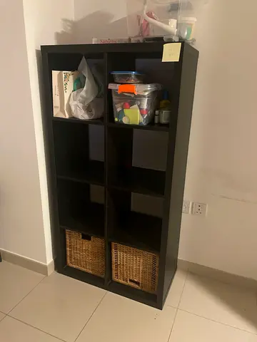 IKEA Kallax-style 8-cube shelving unit in black, good condition