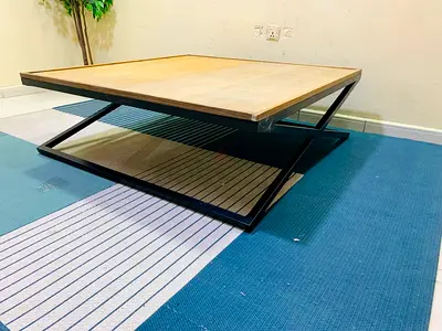 Modern Z-shaped Low Coffee Table with Wood Top and Black Metal Frame