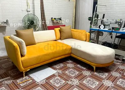 Modern yellow velvet L-shaped chaise sofa - right-facing