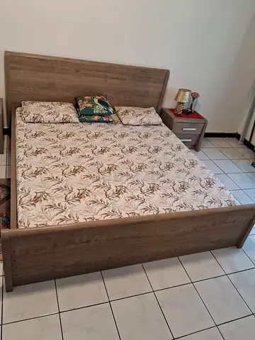 Double wooden bed frame with mattress bedside and 6 drawer dresser