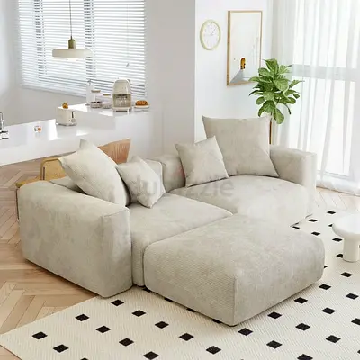 Light Beige Modular Corner Sofa with Ottoman - Comfortable Modern Design