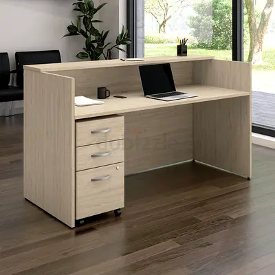 Light Wood Reception Desk with Mobile Drawer Unit