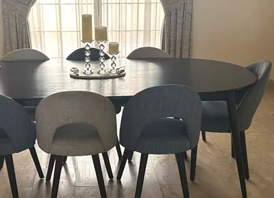 8-Seater Oval Dining Table with Upholstered Chairs - Dark Wood